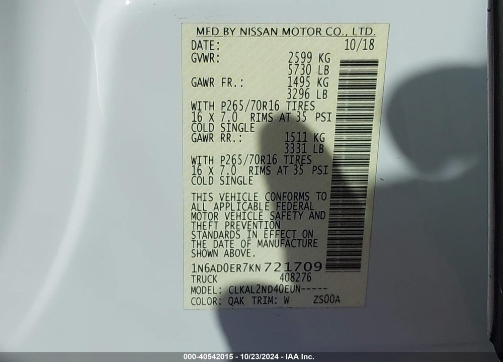 2019 NISSAN FRONTIER SV VIN: 1N6AD0ER7KN721709
