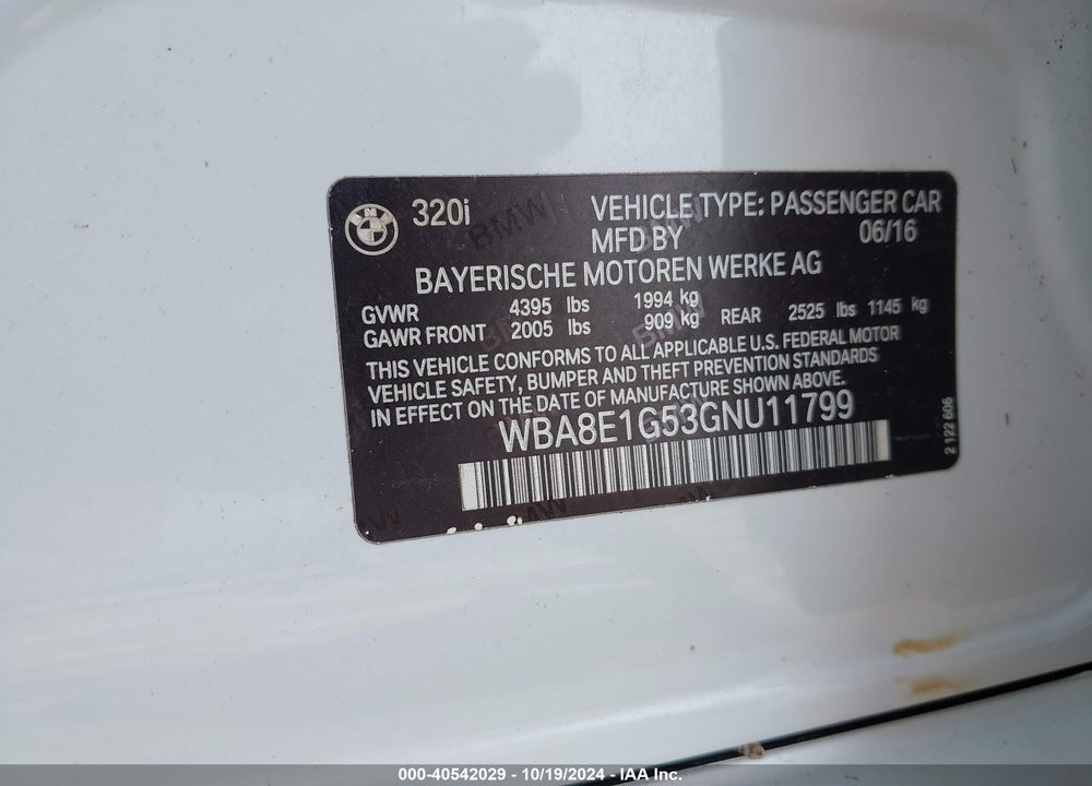 2016 BMW 320I VIN: WBA8E1G53GNU11799