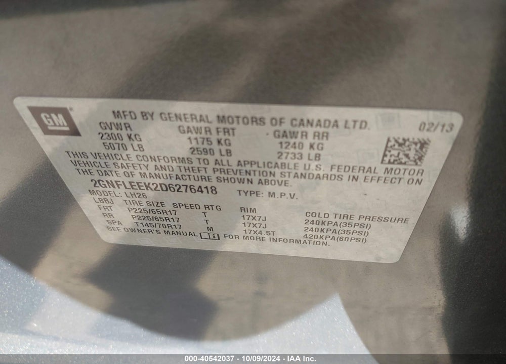 2013 CHEVROLET EQUINOX 1LT VIN: 2GNFLEEK2D6276418