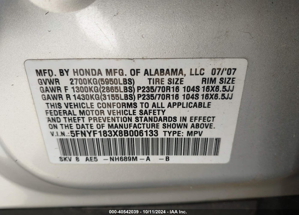 2008 HONDA PILOT SE VIN: 5FNYF183X8B006133