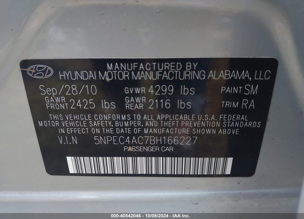 2011 HYUNDAI SONATA SE VIN: 5NPEC4AC7BH166227