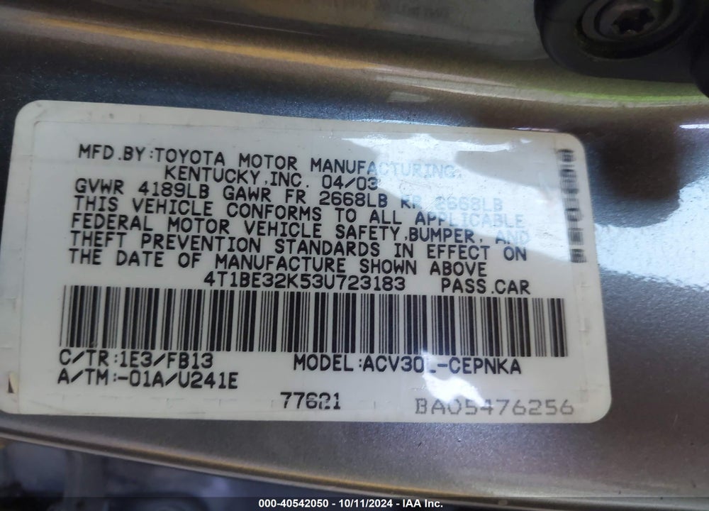 2003 TOYOTA CAMRY LE VIN: 4T1BE32K53U723183