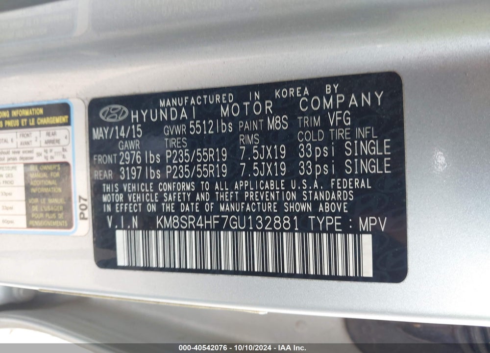 2016 HYUNDAI SANTA FE LIMITED VIN: KM8SR4HF7GU132881