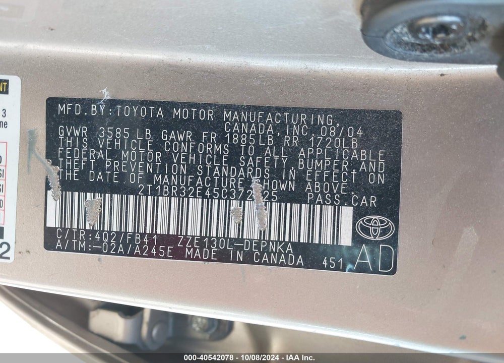 2005 TOYOTA COROLLA LE VIN: 2T1BR32E45C372625