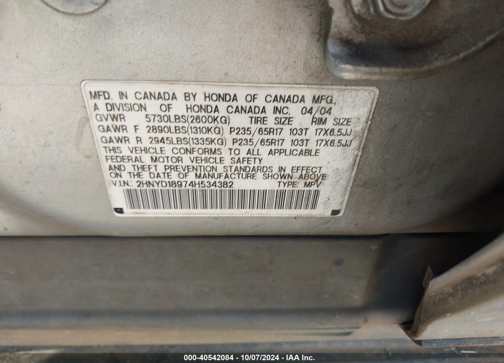 2004 ACURA MDX VIN: 2HNYD18974H534382
