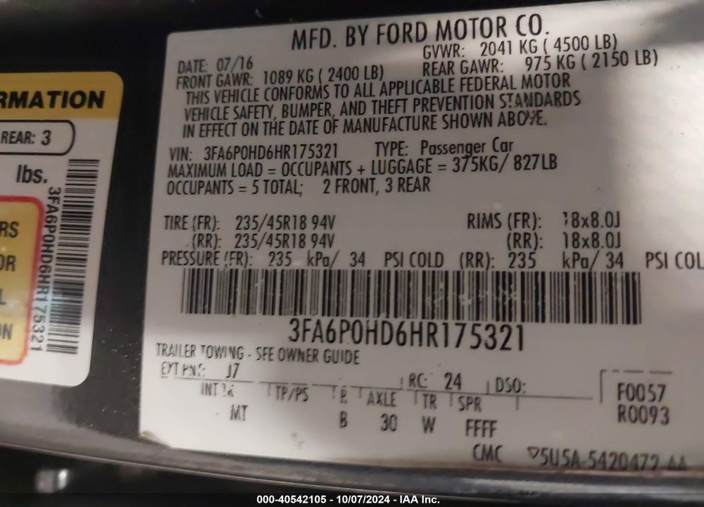 2017 FORD FUSION SE VIN: 3FA6P0HD6HR175321
