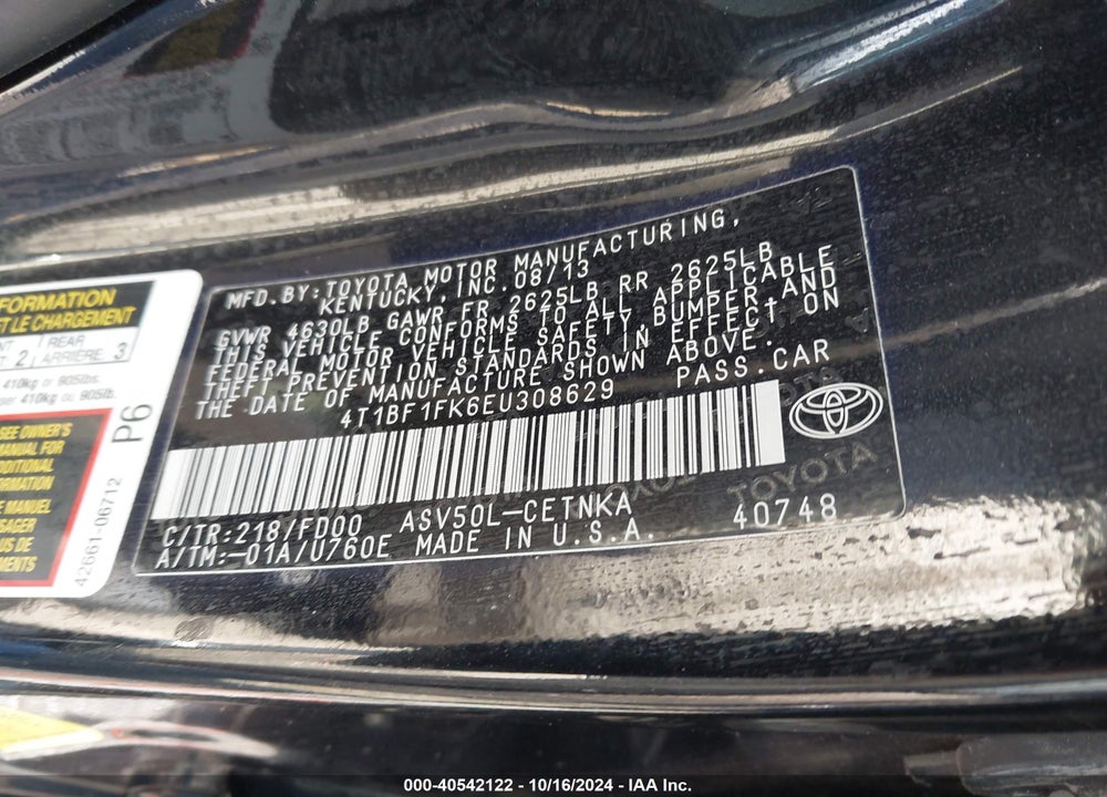 2014 TOYOTA CAMRY LE VIN: 4T1BF1FK6EU308629