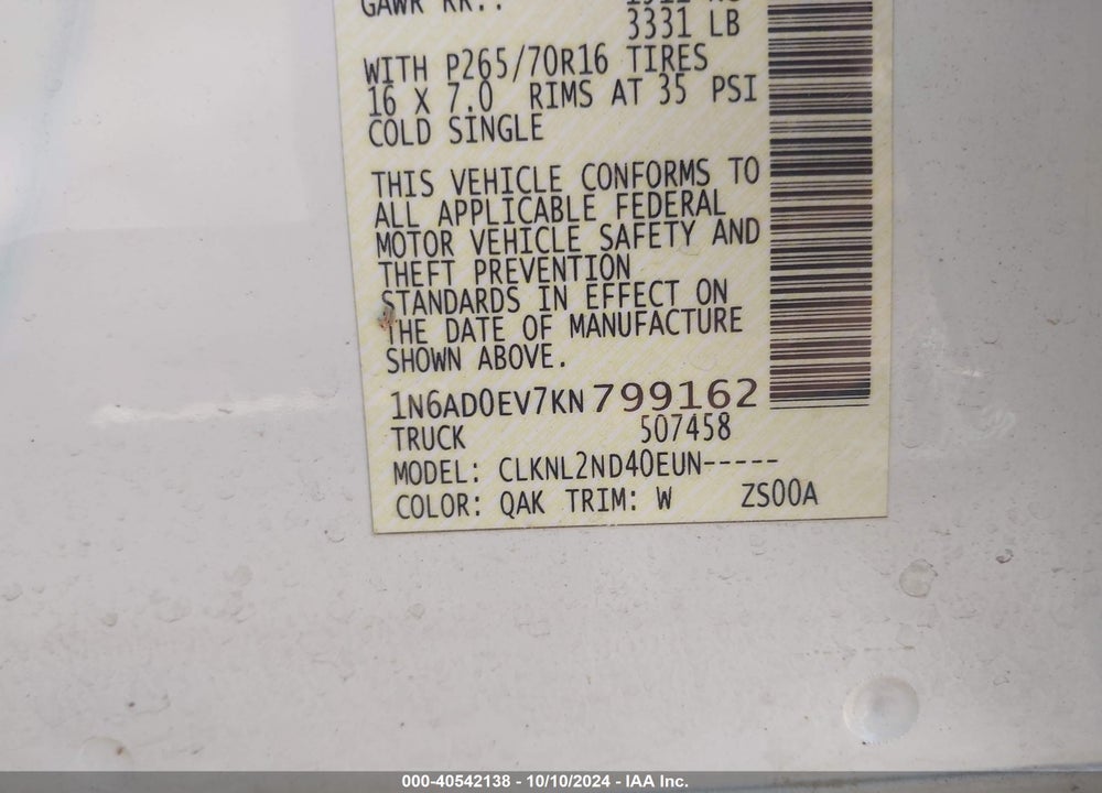 2019 NISSAN FRONTIER SV VIN: 1N6AD0EV7KN799162