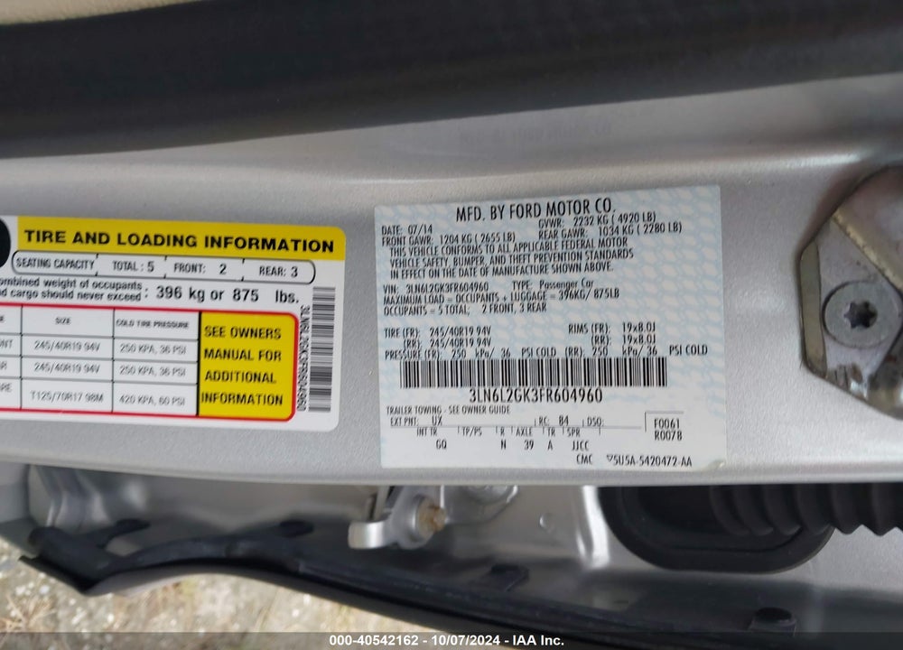 2015 LINCOLN MKZ VIN: 3LN6L2GK3FR604960