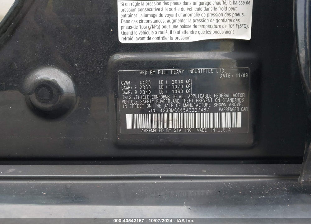 2010 SUBARU LEGACY 2.5I PREMIUM VIN: 4S3BMCC65A3227487