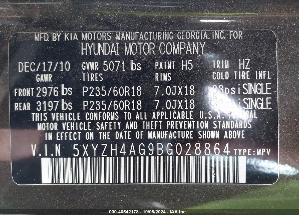 2011 HYUNDAI SANTA FE SE VIN: 5XYZH4AG9BG028864