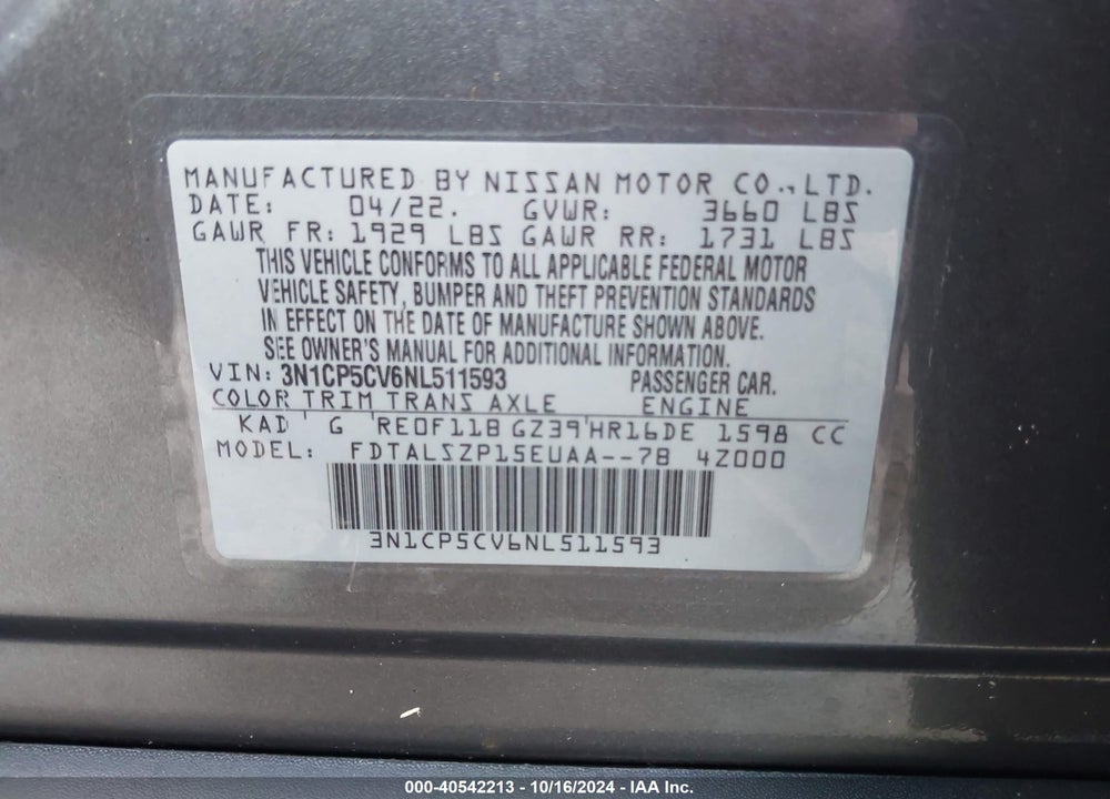 2022 NISSAN KICKS SV XTRONIC CVT VIN: 3N1CP5CV6NL511593