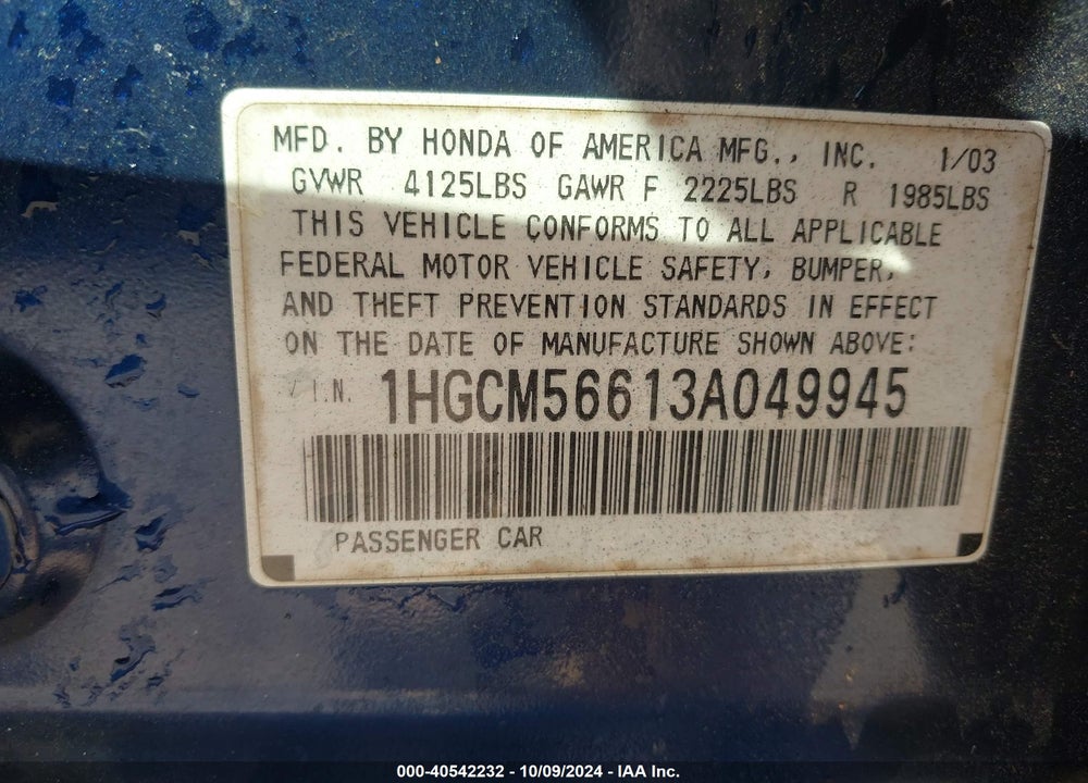 2003 HONDA ACCORD 2.4 EX VIN: 1HGCM56613A049945