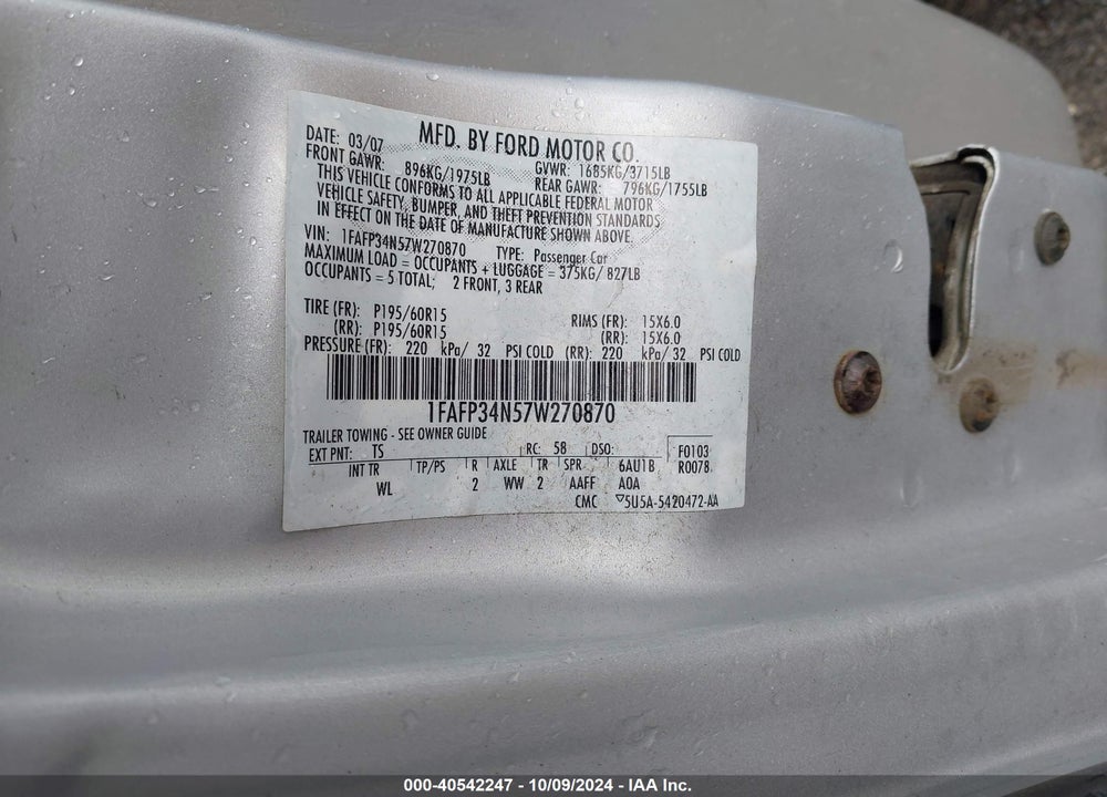 2007 FORD FOCUS S/SE/SES VIN: 1FAFP34N57W270870
