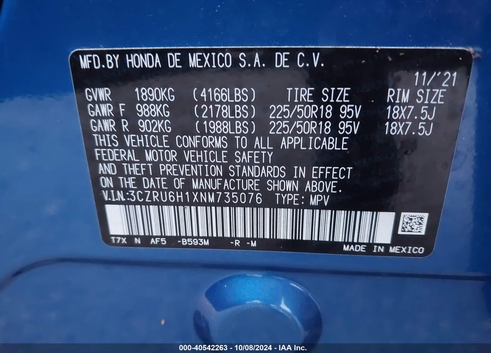 2022 HONDA HR-V AWD SPORT VIN: 3CZRU6H1XNM735076