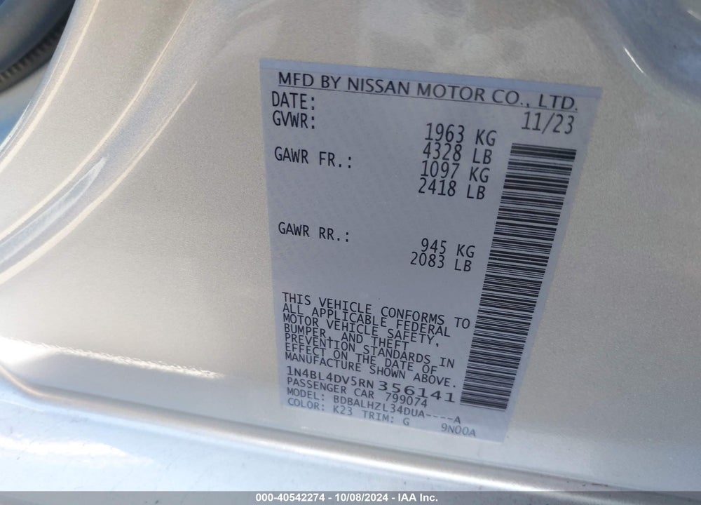 2024 NISSAN ALTIMA SV FWD VIN: 1N4BL4DV5RN356141