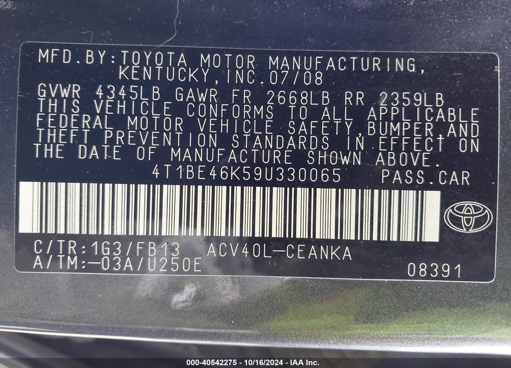 2009 TOYOTA CAMRY LE VIN: 4T1BE46K59U330065