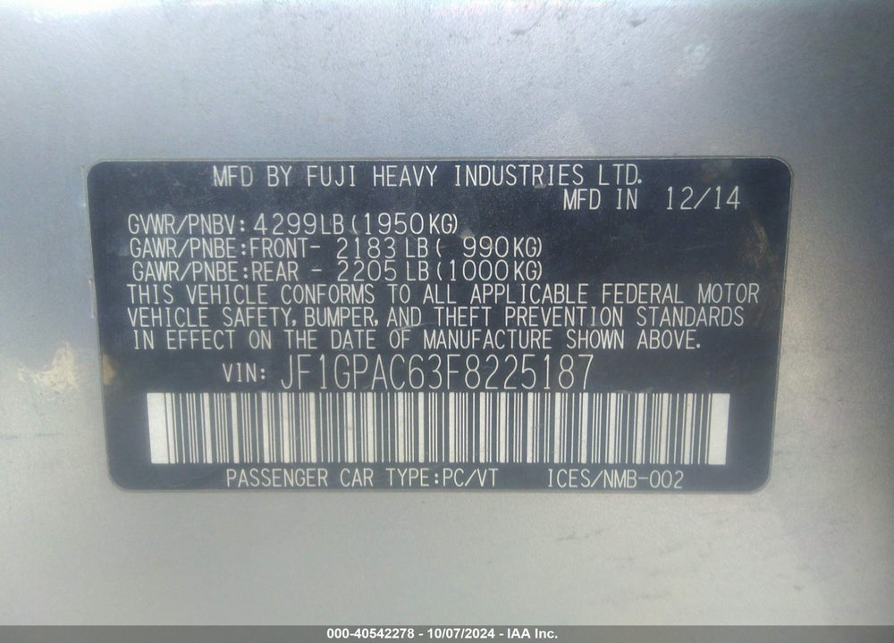2015 SUBARU IMPREZA 2.0I PREMIUM VIN: JF1GPAC63F8225187