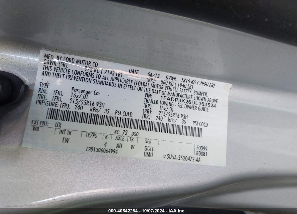 2013 FORD FOCUS SE VIN: 1FADP3K26DL363524