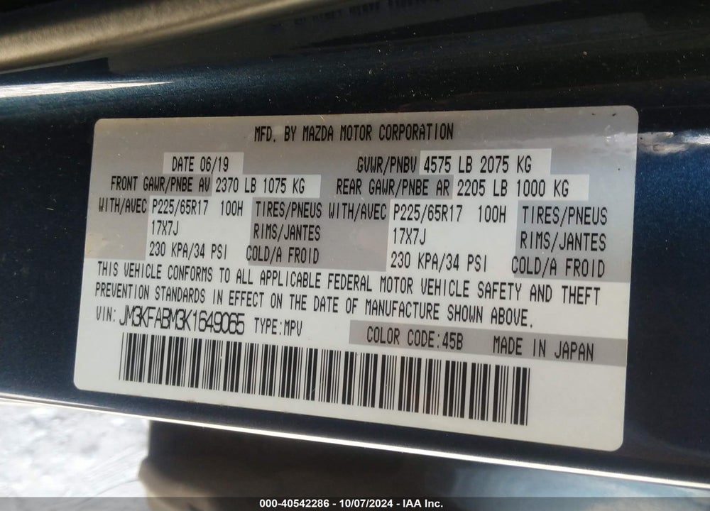 2019 MAZDA CX-5 SPORT VIN: JM3KFABM3K1649065