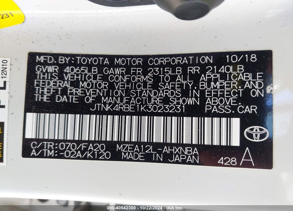 2019 TOYOTA COROLLA SE VIN: JTNK4RBE1K3023231