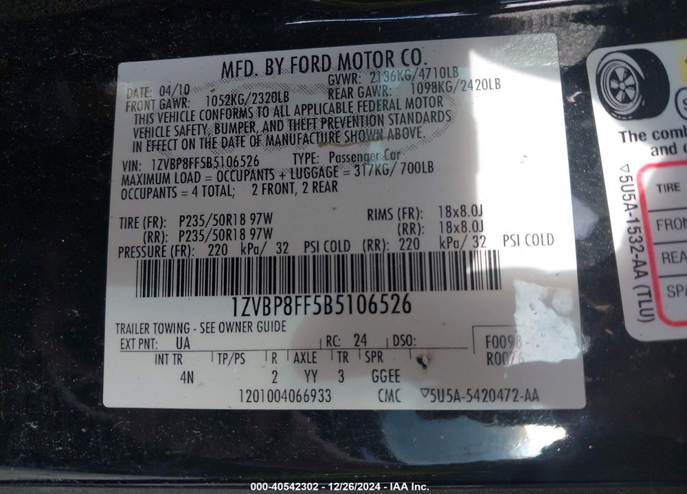 2011 FORD MUSTANG GT PREMIUM VIN: 1ZVBP8FF5B5106526