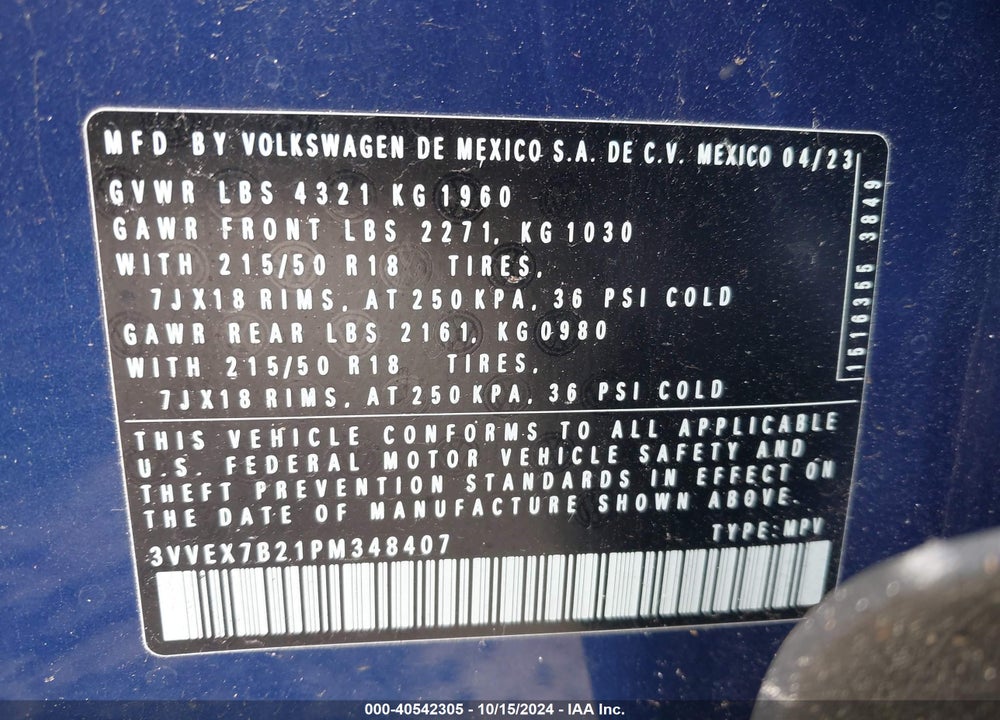 2023 VOLKSWAGEN TAOS 1.5T SE VIN: 3VVEX7B21PM348407