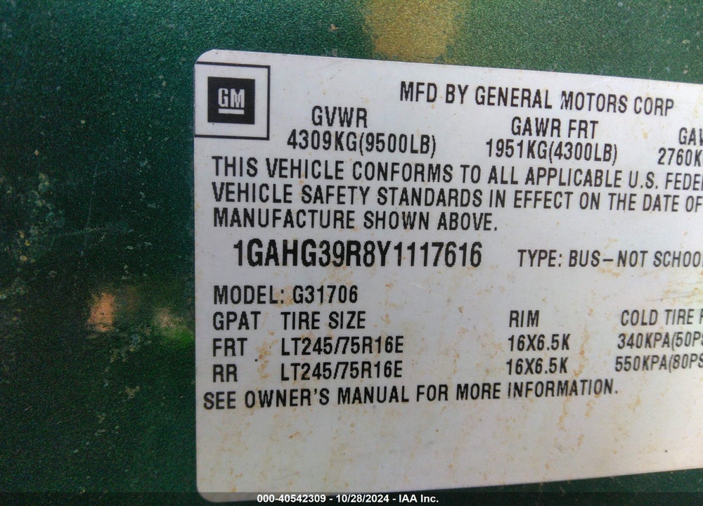 2000 CHEVROLET EXPRESS VIN: 1GAHG39R8Y1117616