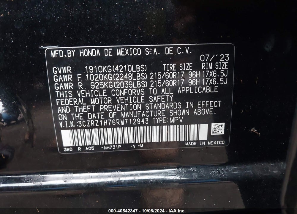 2024 HONDA HR-V 2WD EX-L/2WD EX-L W/O BSI VIN: 3CZRZ1H76RM712943