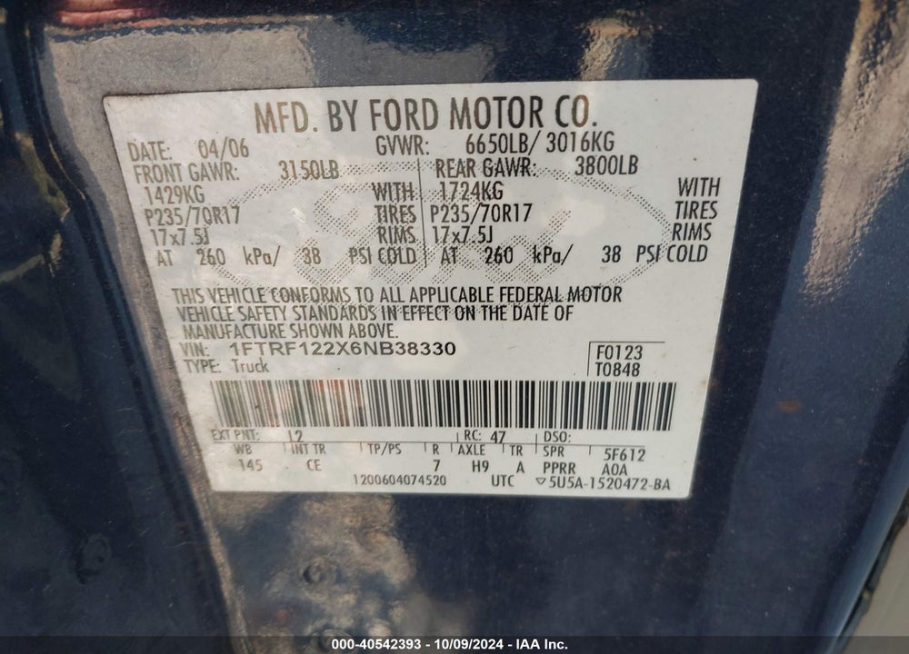 2006 FORD F-150 STX/XL/XLT VIN: 1FTRF122X6NB38330