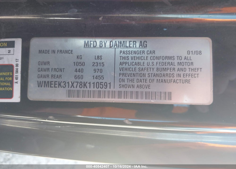 2008 SMART FORTWO PASSION VIN: WMEEK31X78K110591
