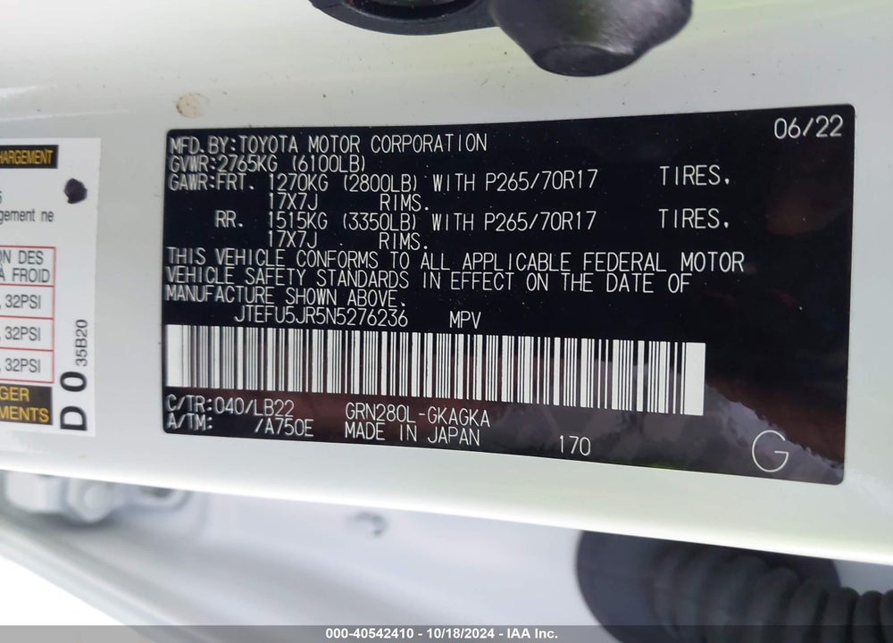 2022 TOYOTA 4RUNNER SR5 PREMIUM VIN: JTEFU5JR5N5276236