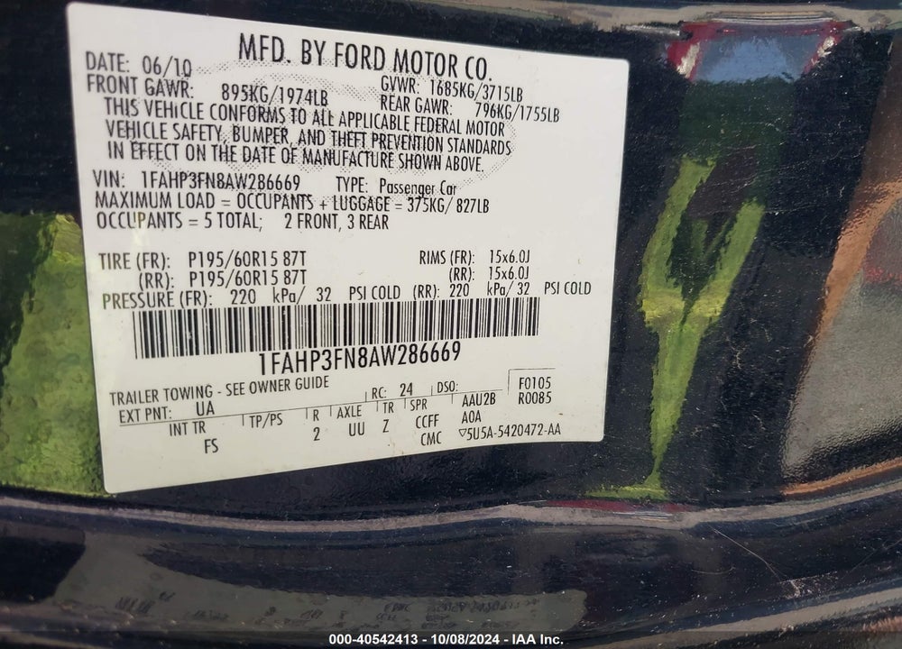 2010 FORD FOCUS SE VIN: 1FAHP3FN8AW286669