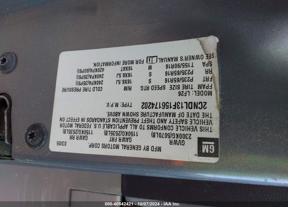 2005 CHEVROLET EQUINOX LS VIN: 2CNDL13F156174202