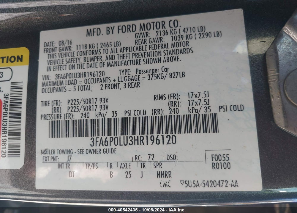2017 FORD FUSION HYBRID SE VIN: 3FA6P0LU3HR196120