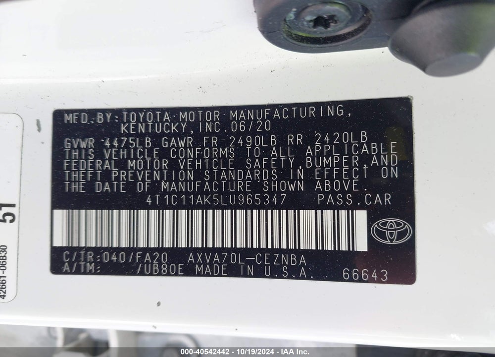 2020 TOYOTA CAMRY LE VIN: 4T1C11AK5LU965347