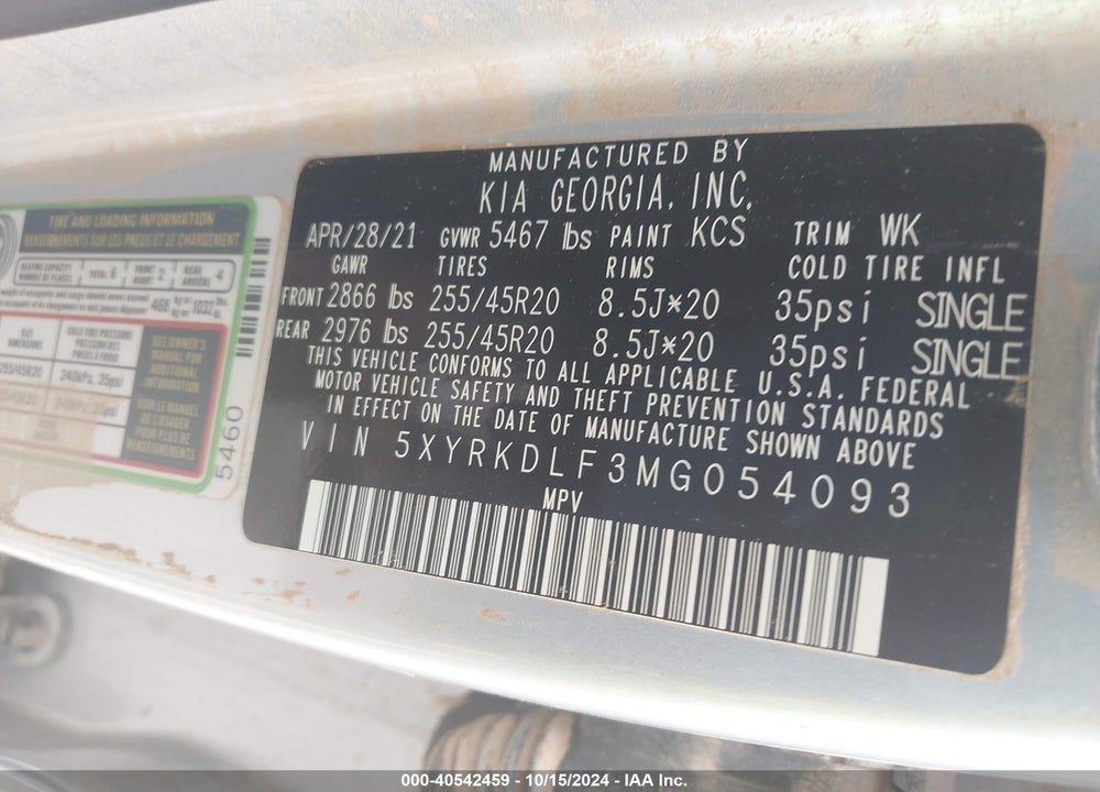 2021 KIA SORENTO SX VIN: 5XYRKDLF3MG054093