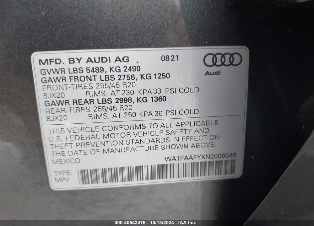 2022 AUDI Q5 PRESTIGE 45 TFSI S LINE QUATTRO S TRONIC VIN: WA1FAAFYXN2006548