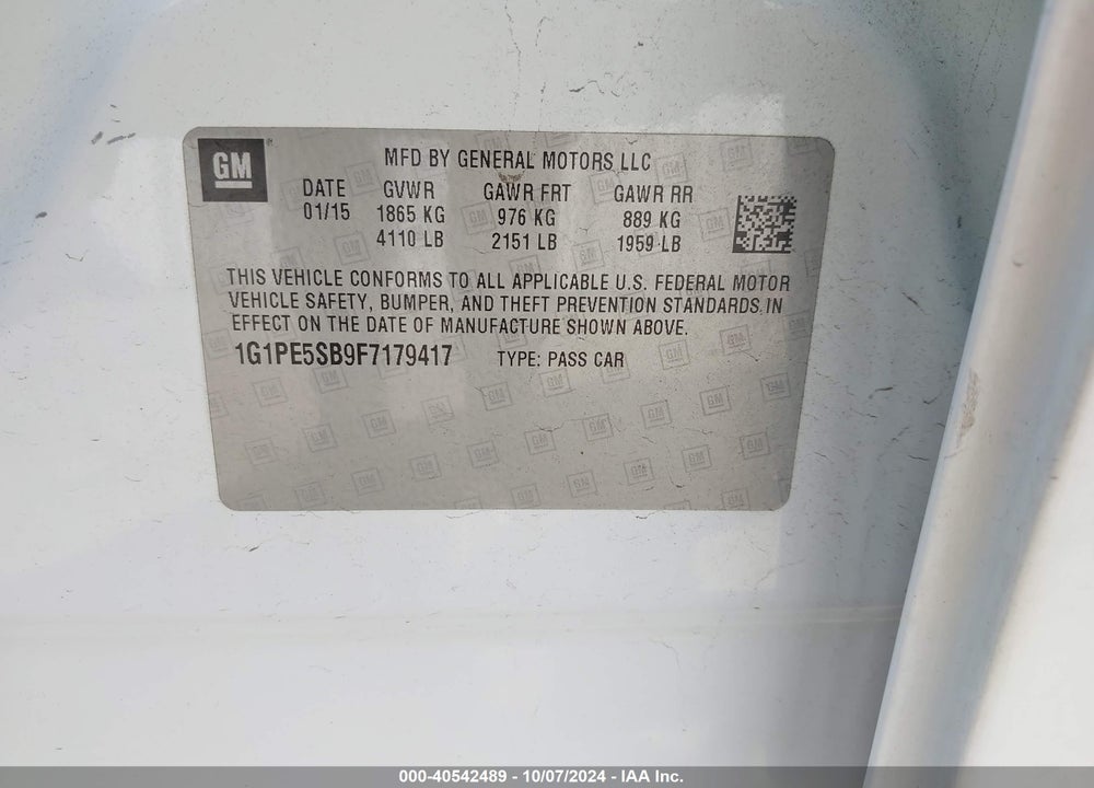 2015 CHEVROLET CRUZE 2LT AUTO VIN: 1G1PE5SB9F7179417