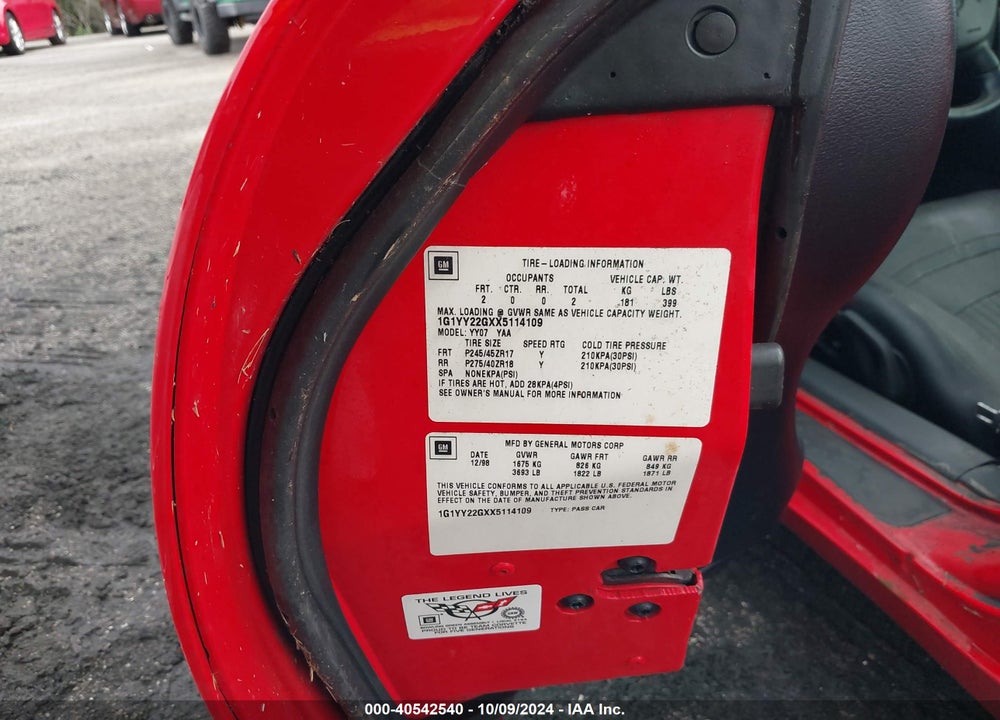 1999 CHEVROLET CORVETTE VIN: 1G1YY22GXX5114109
