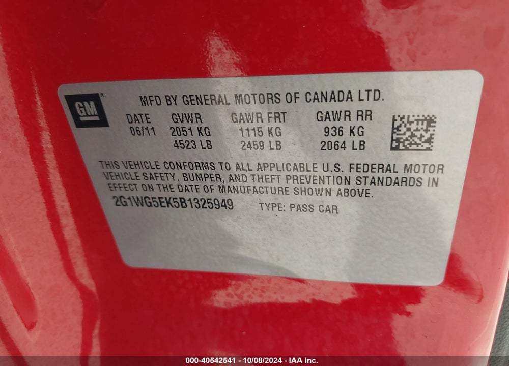 2011 CHEVROLET IMPALA LT VIN: 2G1WG5EK5B1325949