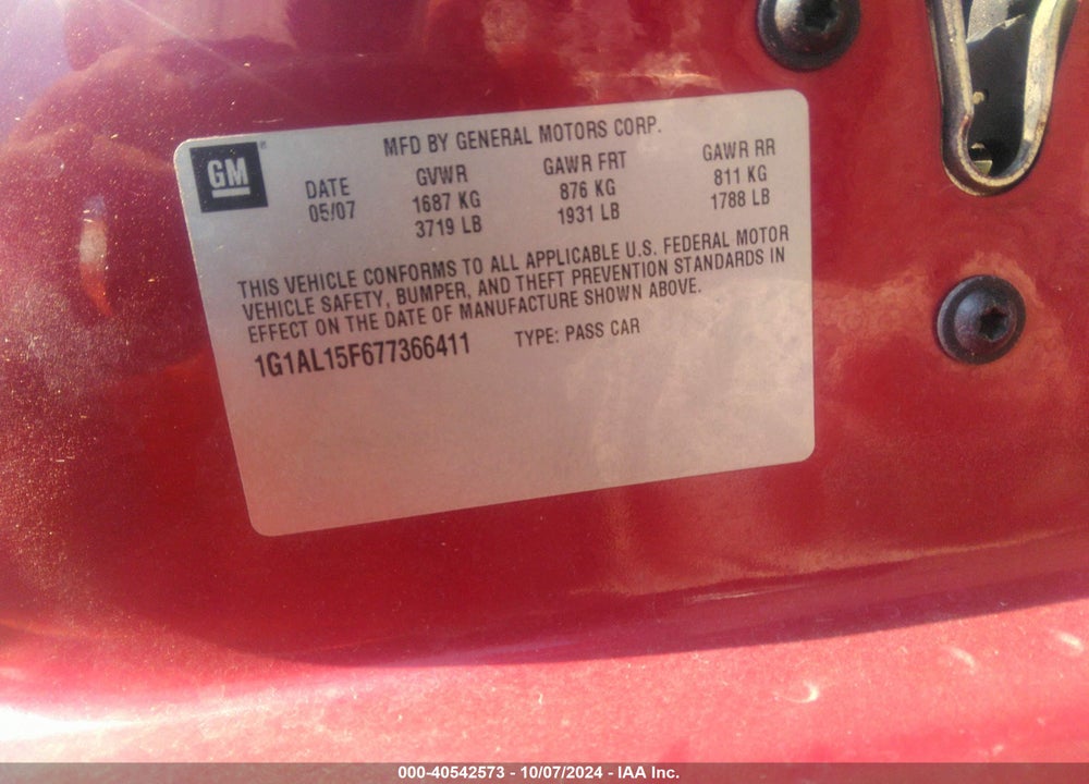 2007 CHEVROLET COBALT LT VIN: 1G1AL15F677366411