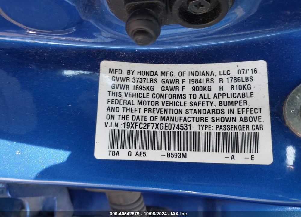 2016 HONDA CIVIC EX VIN: 19XFC2F7XGE074531