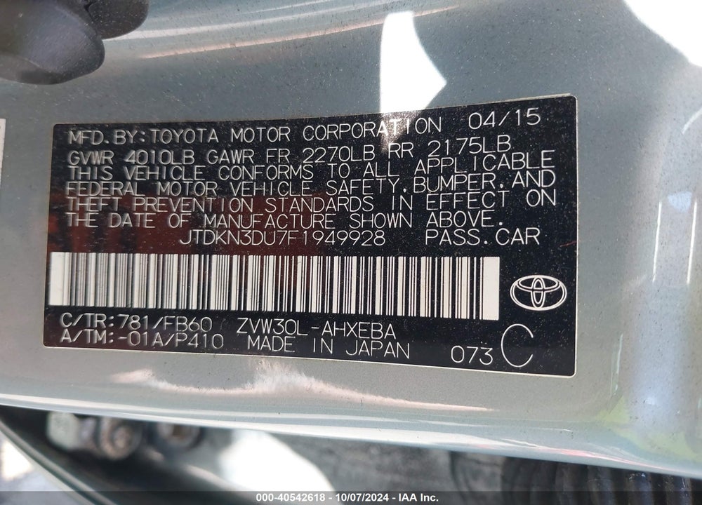 2015 TOYOTA PRIUS TWO VIN: JTDKN3DU7F1949928
