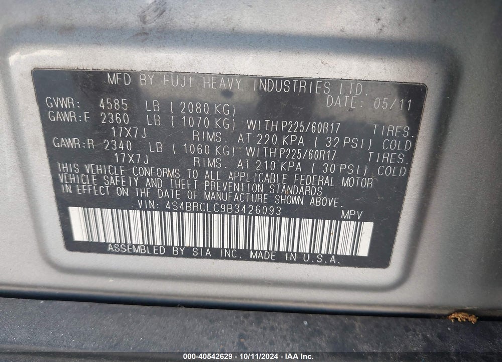 2011 SUBARU OUTBACK 2.5I LIMITED VIN: 4S4BRCLC9B3426093