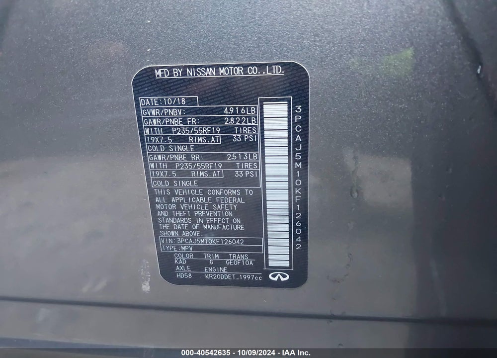 2019 INFINITI QX50 PURE VIN: 3PCAJ5M10KF126042