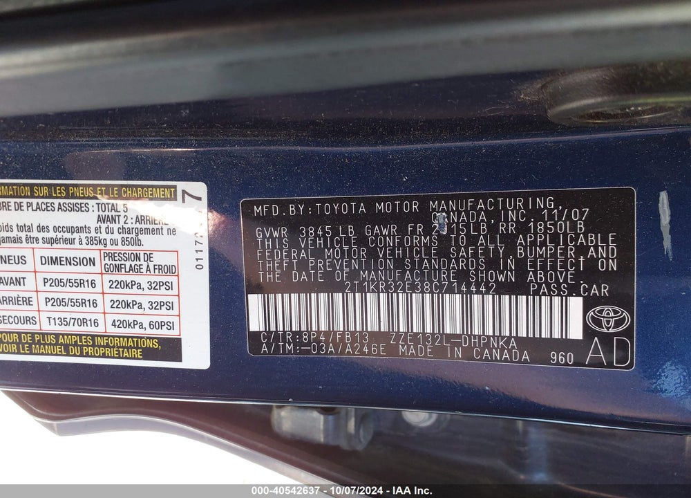2008 TOYOTA MATRIX/XR VIN: 2T1KR32E38C714442