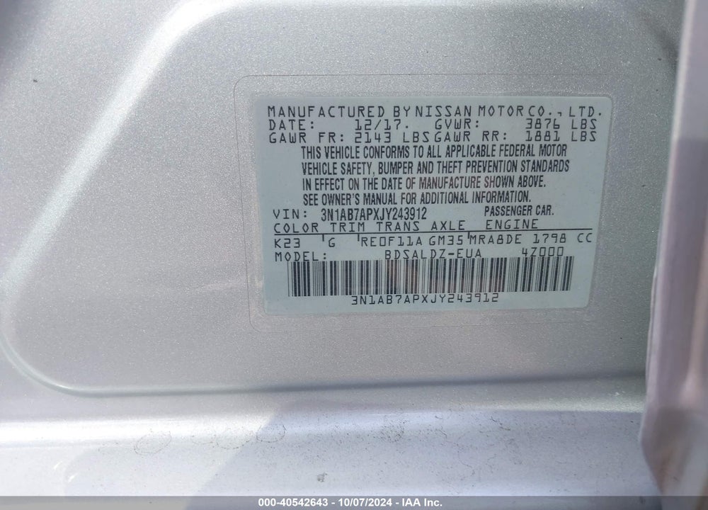 2018 NISSAN SENTRA SV VIN: 3N1AB7APXJY243912