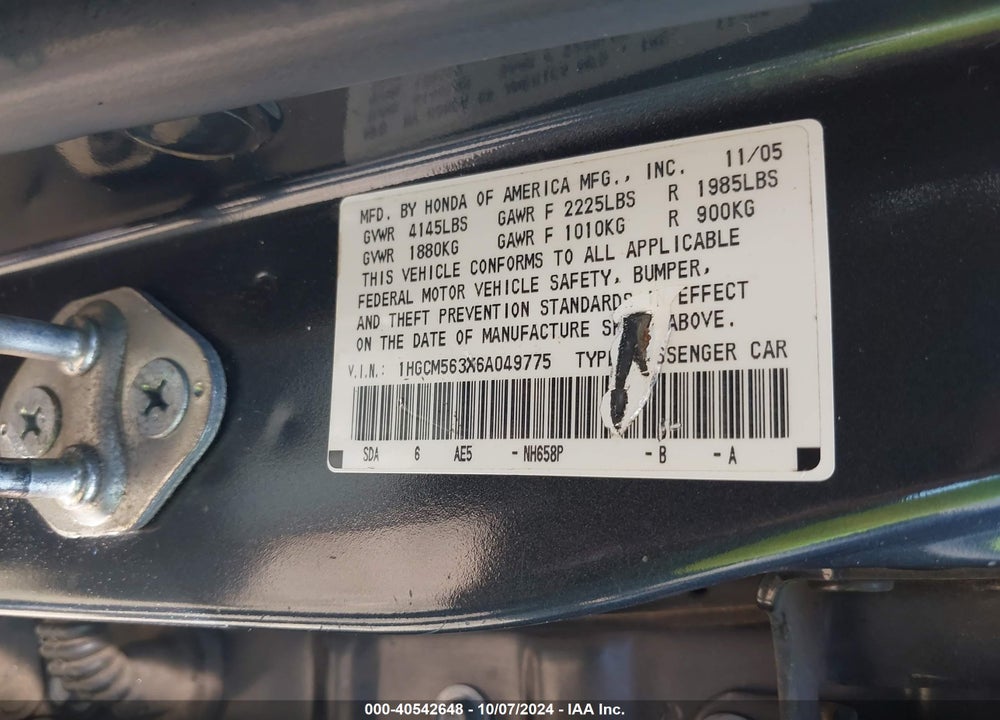 2006 HONDA ACCORD 2.4 SE VIN: 1HGCM563X6A049775