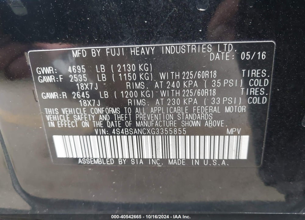 2016 SUBARU OUTBACK 2.5I LIMITED VIN: 4S4BSANCXG3355855